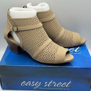 Easy Street Carrigan Sandals 9.5M Sand Peep Toe Booties Cutout Zip Comfort Heel